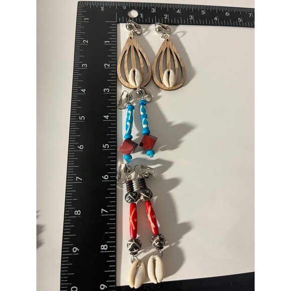 African Bone Cowrie Clip On Earrings 3 Pair Dangles 2-3" Boho Hippie USA Made E5 - Picture 9 of 9